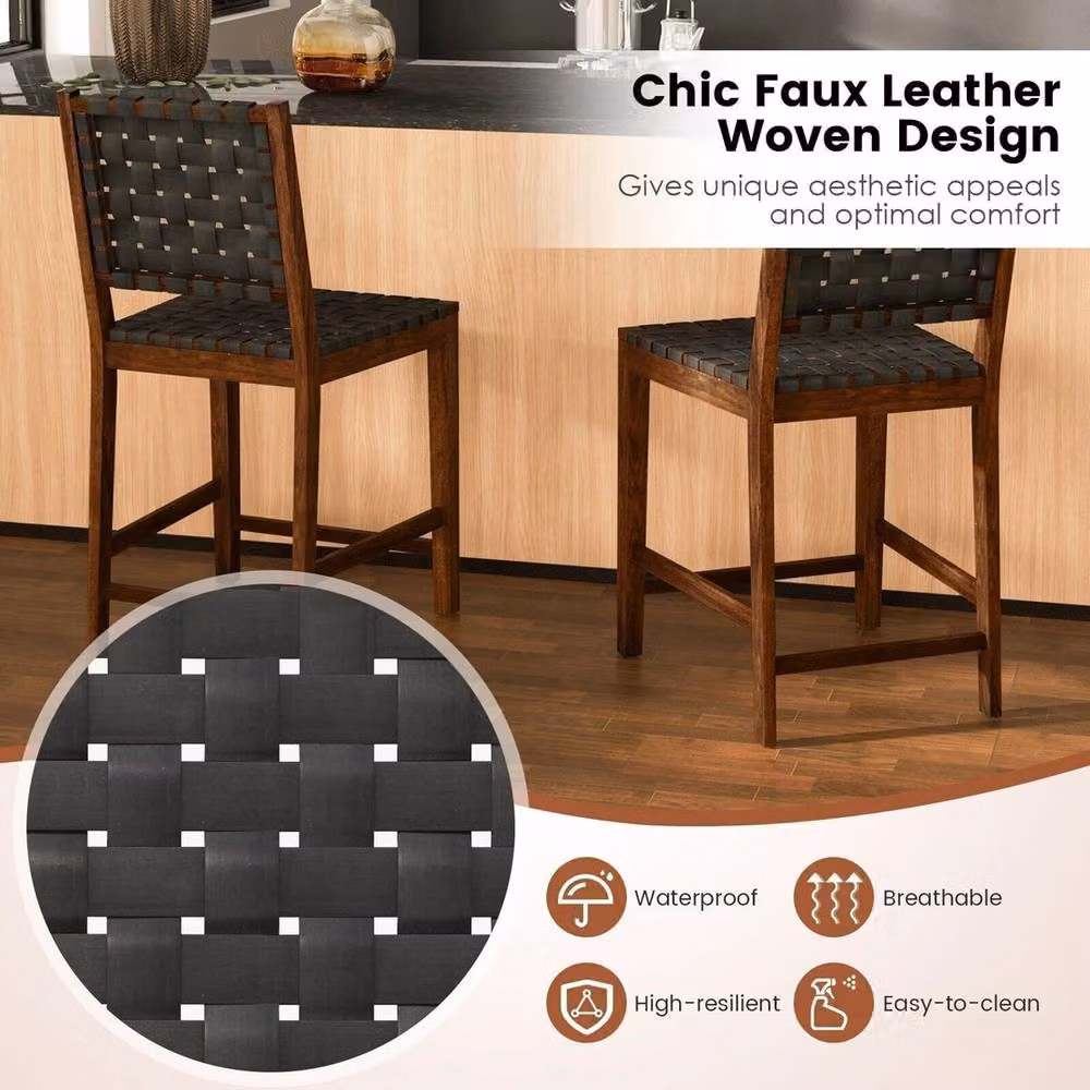 Havendro Set of 2 Brown Counter Height Bar Stools with Woven PU Leather Straps – 3