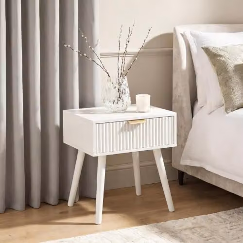 OHS Modern Ribbed Wood Bedside Table with 1 Drawer in Cream, W/D/H: 40 x 30 x 45 cm – 2