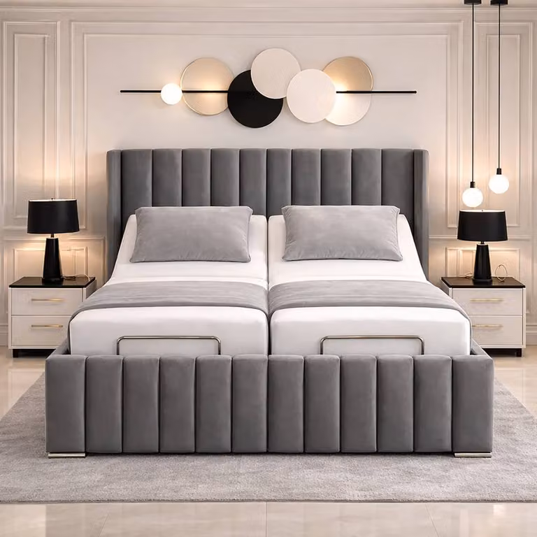 Paradise Beds Ltd Manhattan Wingback Adjustable Mobility Bed with Mattress and Headboard in Beige Velvet, Super King Size