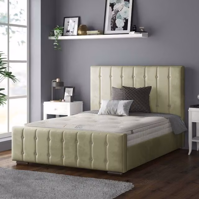 IH Design Anastasia Striped Upholstered Plush Velvet Single Bed Frame in Green