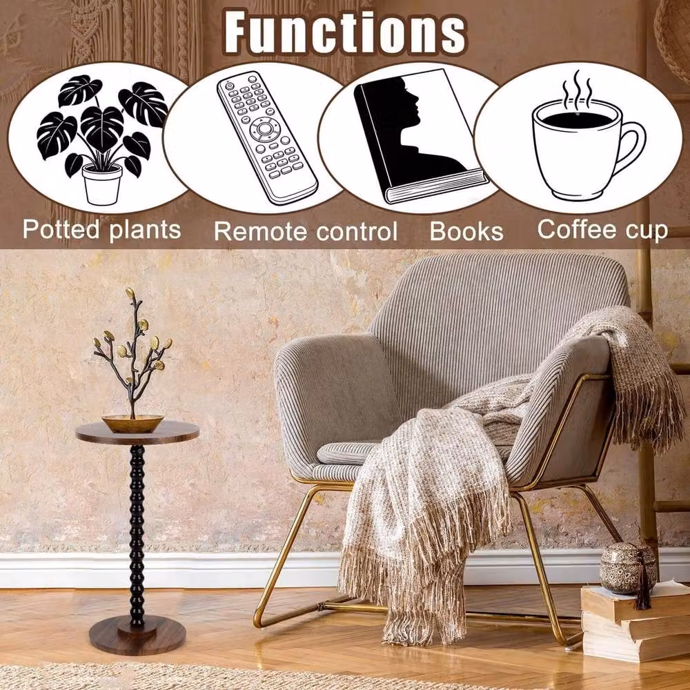 FORGEVIO Small Round Retro Wood Side Coffee Table in Black and Brown – 4