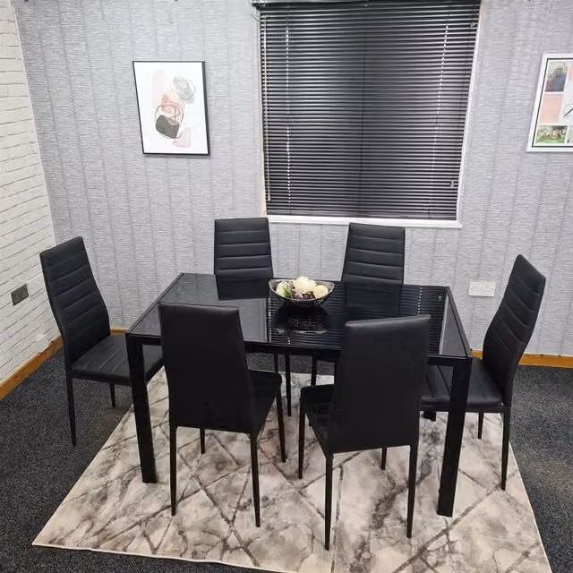 KOSY KOALA Modern Rectangular Dining Set with Black Glass Table and 6 Brown Faux Leather Chairs, W/D/H: 180 x 90 x 75 cm – 1