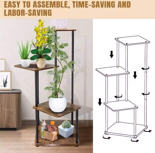 EONLION 4-Tier Metal and Wood Ladder Plant Stand, Brown, H 80 x W 30 x D 40 cm – 1
