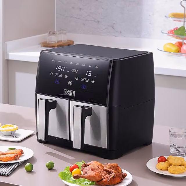 Livingandhome Smart Dual Zone Energy-Saving Air Fryer with Timer, Silver and Black