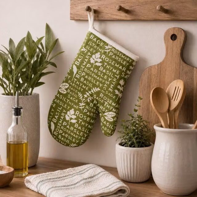 Orsina Single Oven Glove in Green with Classic Country Print and Quilted Heat-Resistant Lining – 2