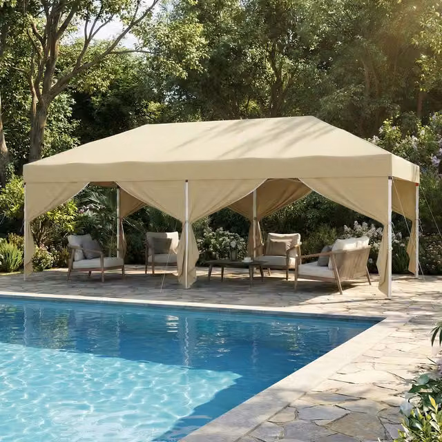SONGMICS Folding Pop Up Gazebo with Side Panels, Beige and White, W: 6 m, D: 3 m