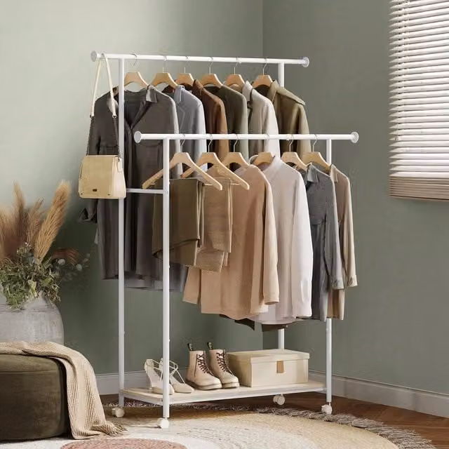 SONGMICS Portable Clothes Rack with Storage Shelf in White
