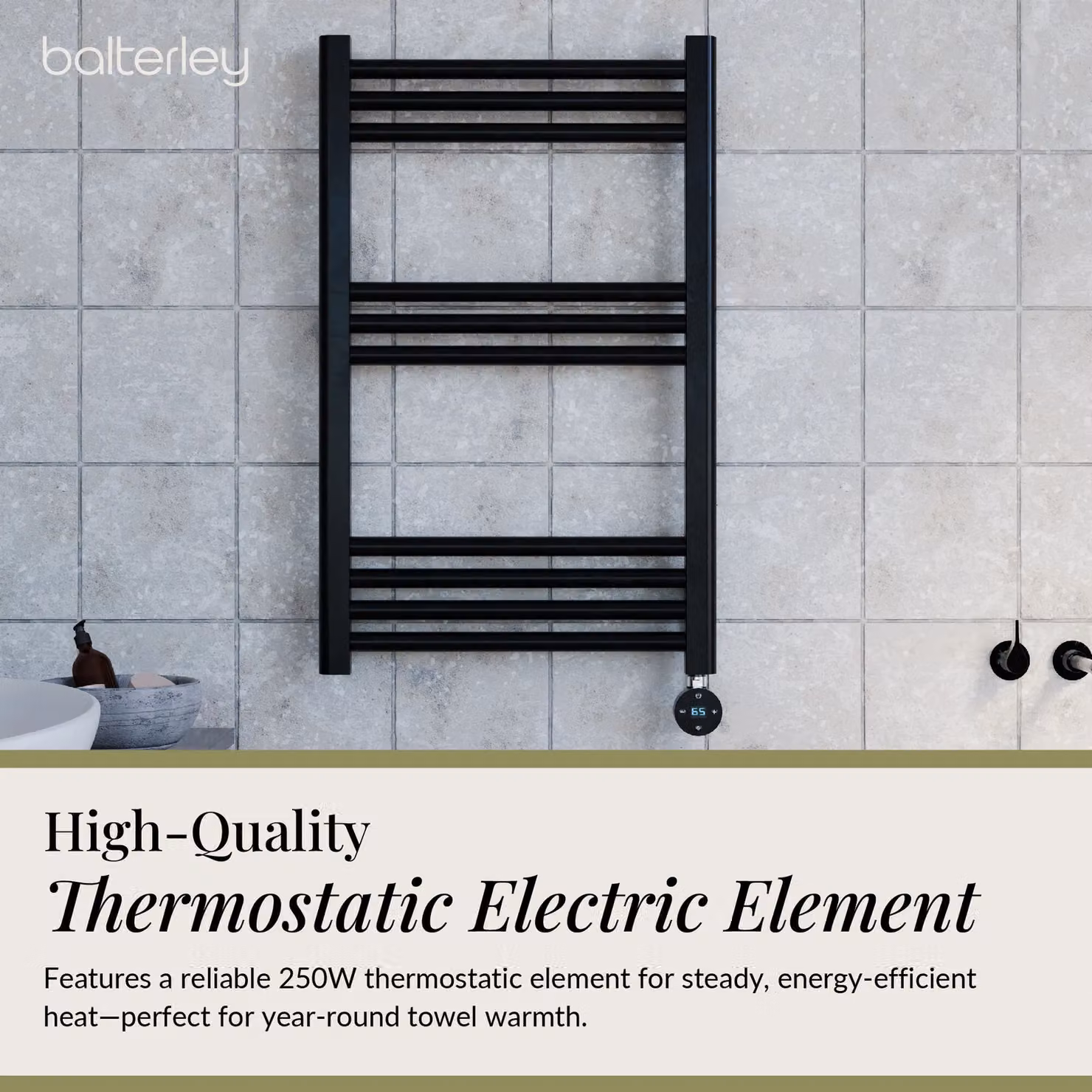 Balterley Electric Round Towel Rail, Matt Black, W: 80 cm, H: 50 cm, D: 8 cm – 3