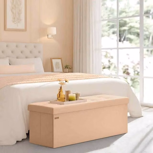 The Bazaarist Foldable Storage Ottoman Bench with Hidden Storage in Orange
