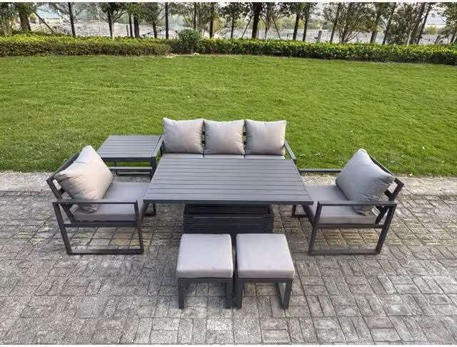 Fimous 7-Piece Powder Coated Aluminium Sofa Set with Height-Adjustable Lifting Table, 2 Chairs and 2 Stools in Matt Dark Grey