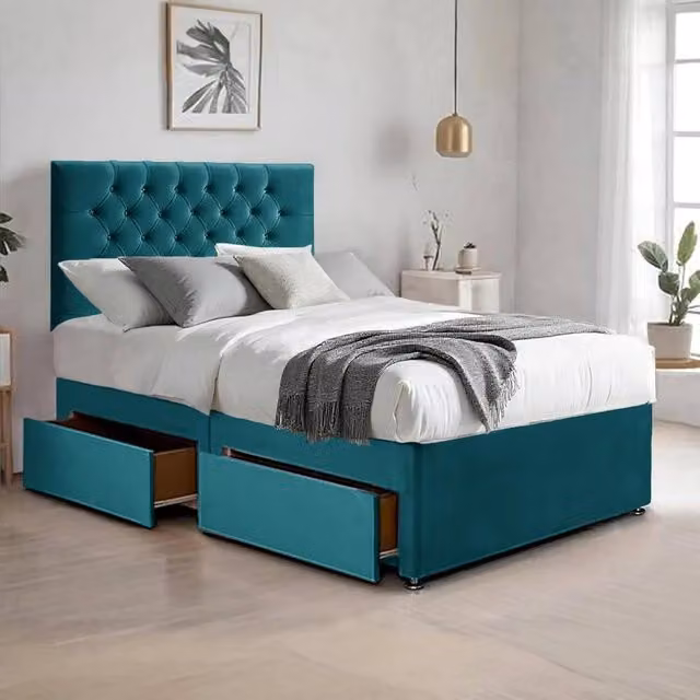 Bed Time UK Super King Plush Velvet Bed with Mattress, 2 Drawers and 20 inch Chesterfield Headboard in Green, W/D/H: 200 x 200 cm – 1