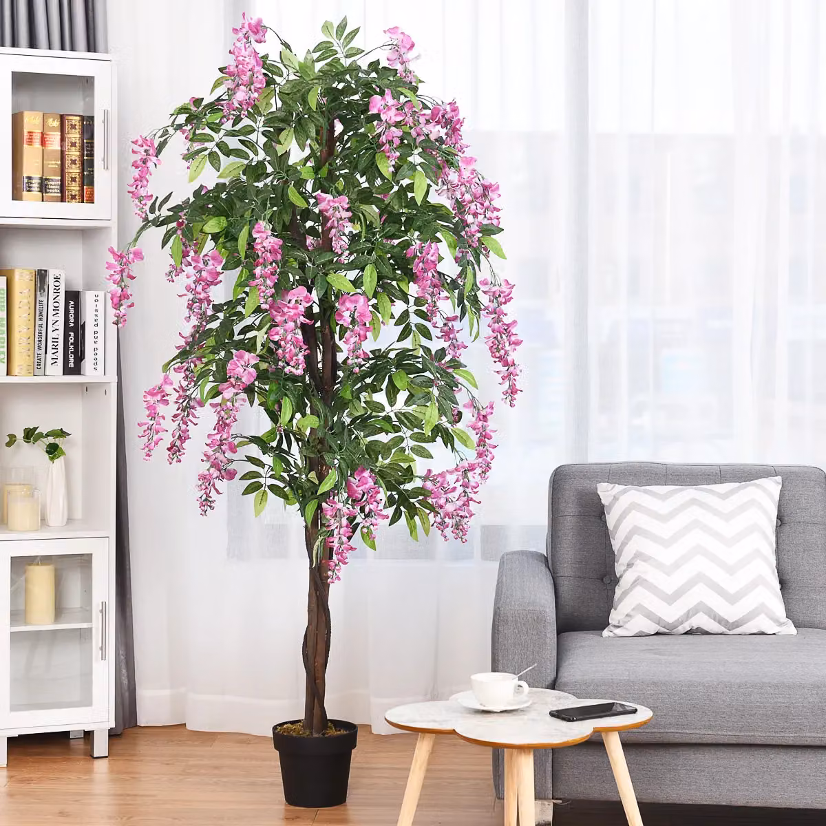 Gymax 180 cm Artificial Ficus and Wisteria Tree with Nursery Pot in Green and Pink – 2