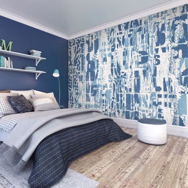 Origin Murals Letterpress Graffiti Abstract Industrial Wall Art in Denim Blue, Large