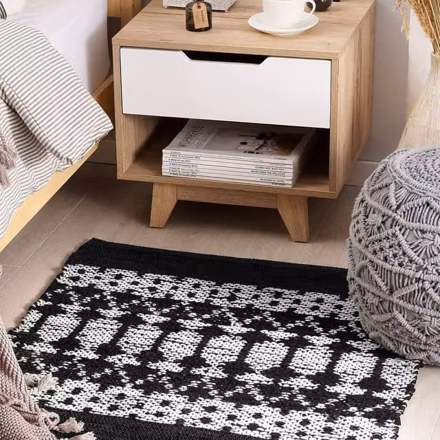 Wyld and Coco Hand-Loomed Woven Leather and Cotton Rug in Black and White, Rectangular, W: 80 cm, L: 150 cm