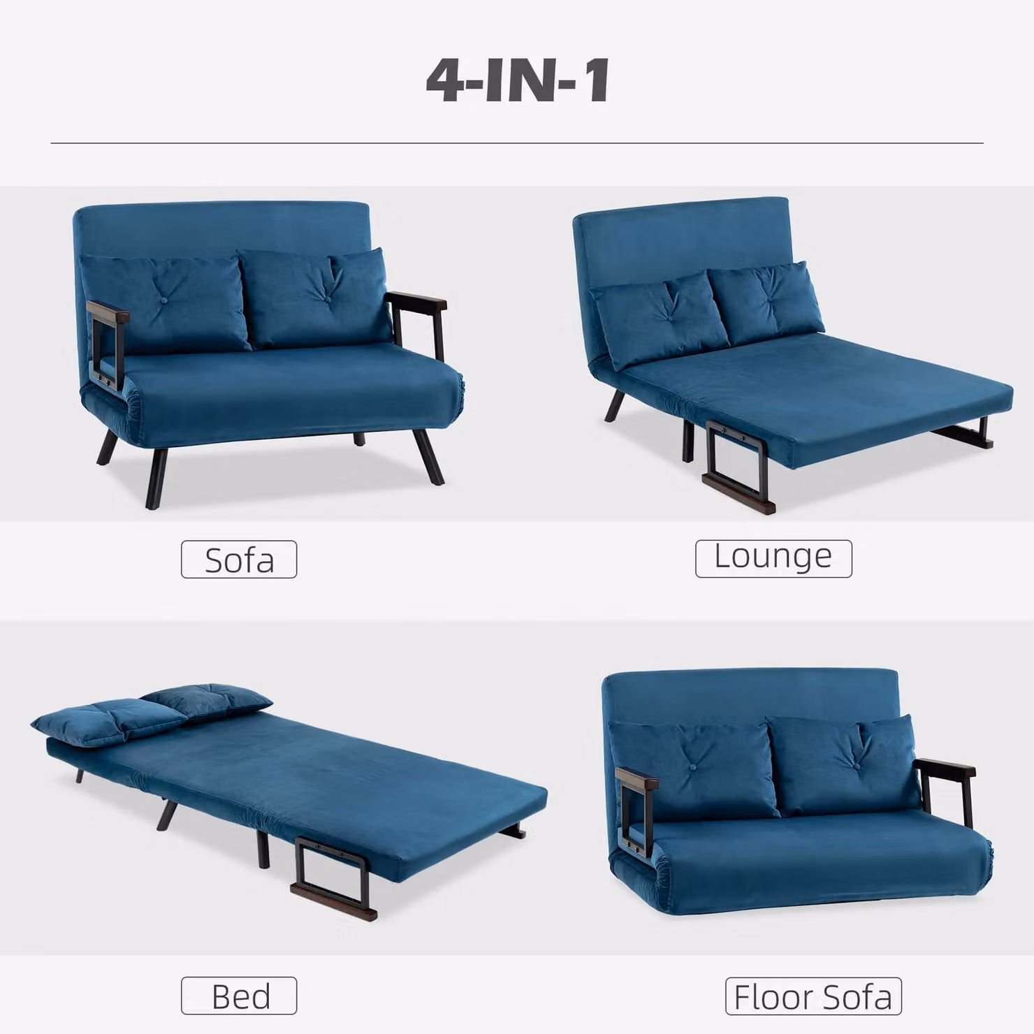 HOMCOM Blue Velvet Click Clack Convertible Bed Settee with Armrests – 9