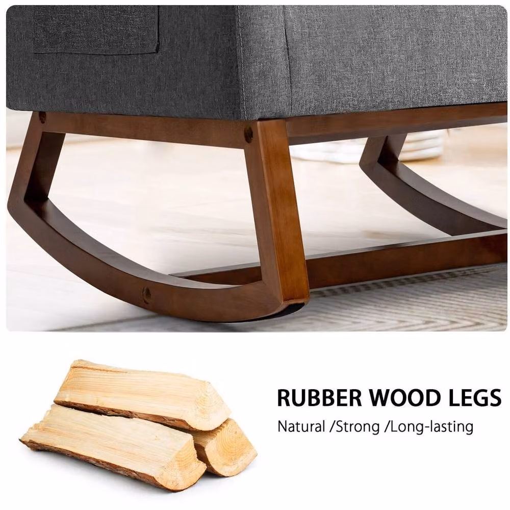 VOGREX Modern Upholstered Rocking Chair with Grey Fabric and Solid Rubberwood Base – 3