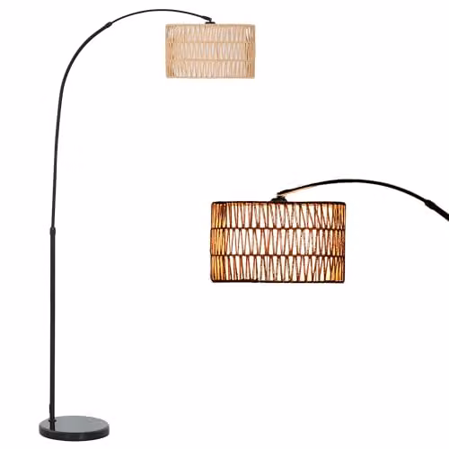HOMCOM Black Rattan Arc Floor Lamp with Foot Switch and Adjustable Height