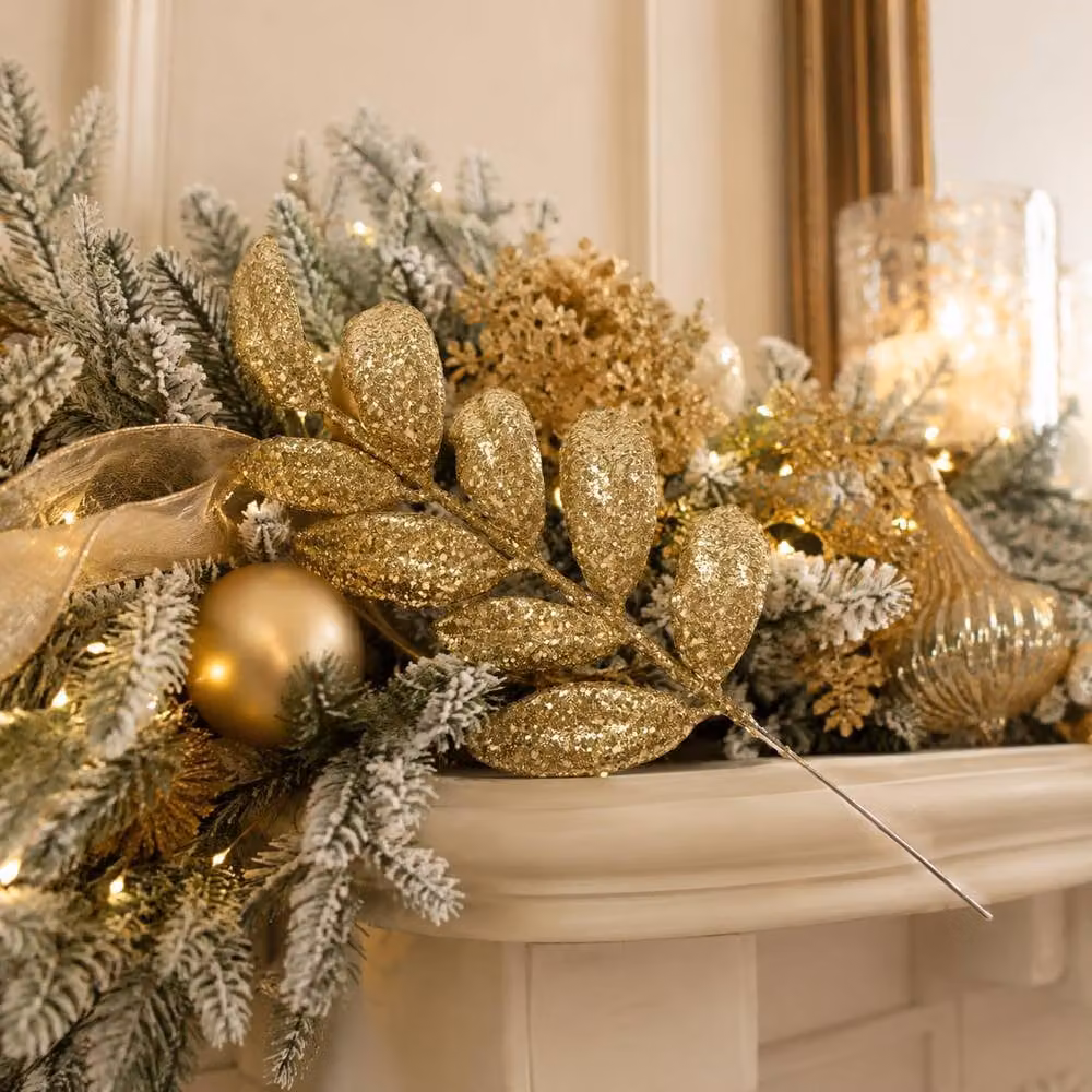 Shatchi Gold Glitter Walnut Leaf Christmas Tree Picks, 6 Pack, Height: 35 cm – 5