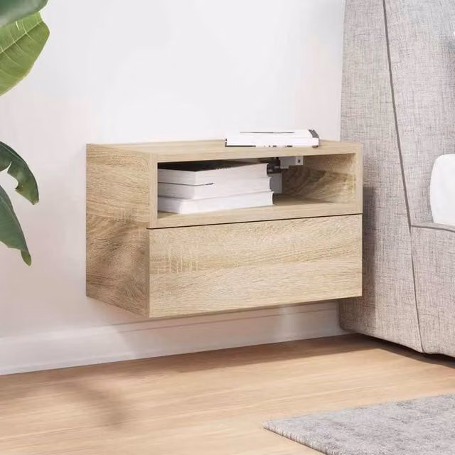 Berkfield Home Wall-mounted Bedside Cabinet in Sonoma Oak, Light Tan, W/D/H: 45 x 26 x 28.5 cm