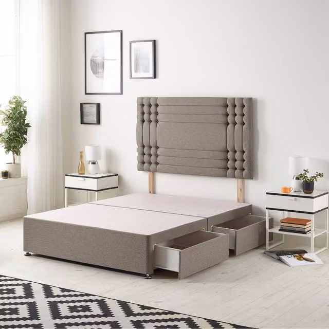 Somnior Beds Ltd Modern Upholstered Fabric Divan Bed Base with Drawers, Brown or Grey, W/D: 180 x 200 cm