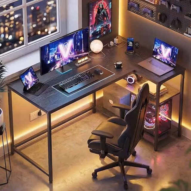 The Bazaarist L Shaped Corner Computer Desk with Power Outlets in Ebony Black
