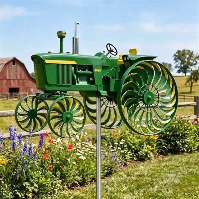 FLAVORA Green Tractor Windmill Garden Wind Spinner Metal Stake, H 100 cm x W 15 cm
