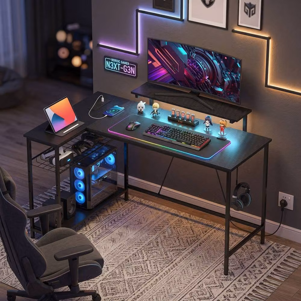 STILVORA L Shaped Corner Desk with LED Lights and Storage in Black – 6