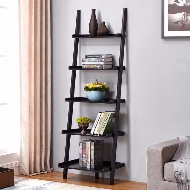 Charles Bentley 5-Tier Tall Wooden Ladder Storage Shelving Unit in Black