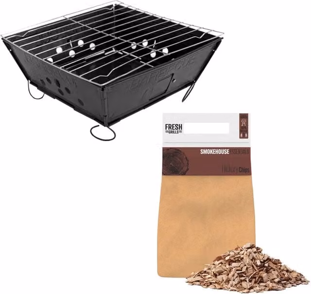 Monstershop Portable Folding Charcoal BBQ and Hickory Wood Chips Set in Black