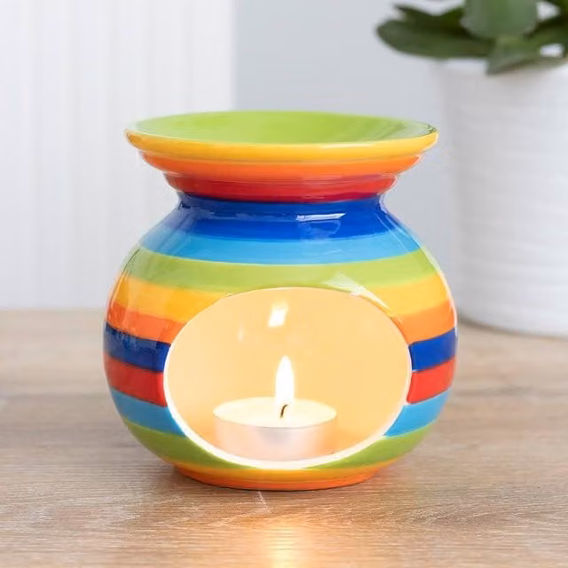 Uniqueful Rainbow Stripe Ceramic Oil Burner, Multicolour, Round Tabletop Design