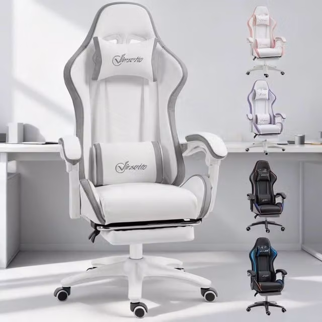 ERGOVEXA Computer Gaming Chair in Grey and White with Synthetic Leather, Headrest, Armrests and Swivel Wheels