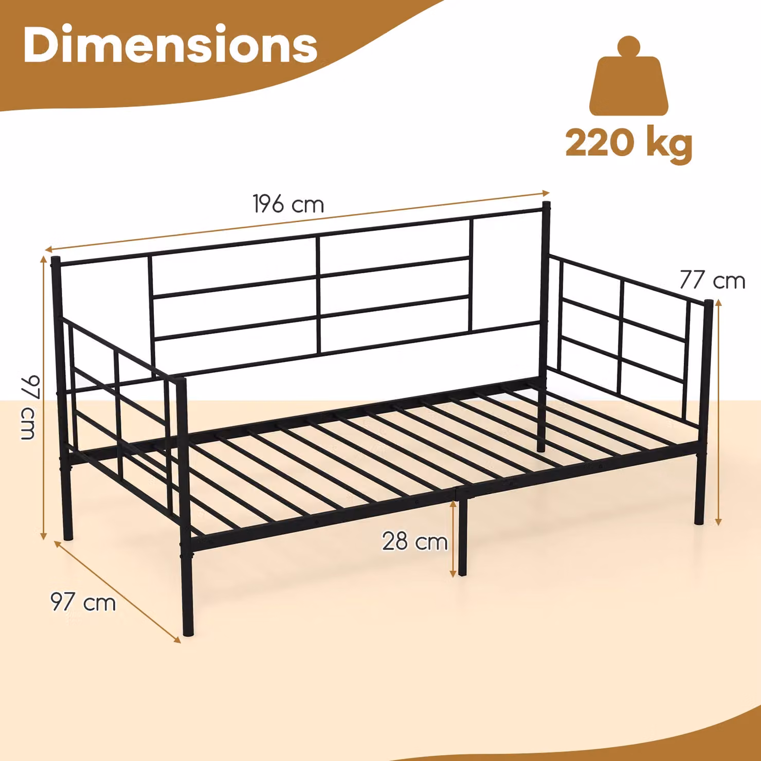 Costway Single Metal Sofa Bed and Daybed with Arms and Back in Black, W/D/H: 90 x 200 cm – 2