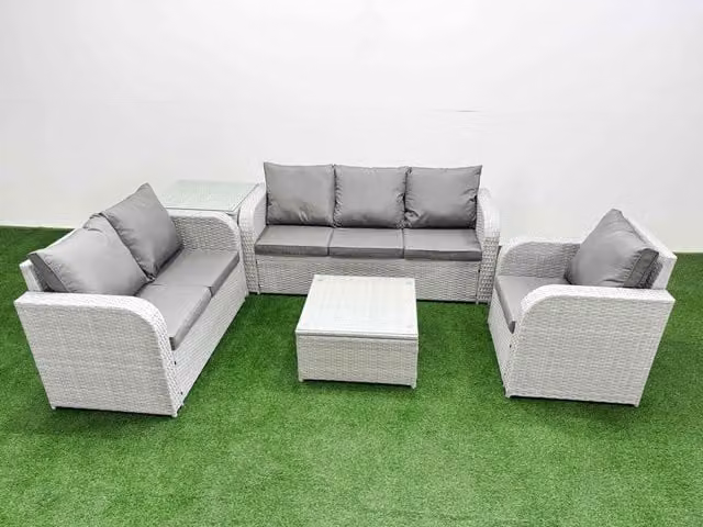Fimous Patio 6 Seater Grey PE Wicker Rattan Outdoor Furniture Set with 3 Seater Sofa, Loveseat, Reclining Chairs, Coffee Table and Side Table