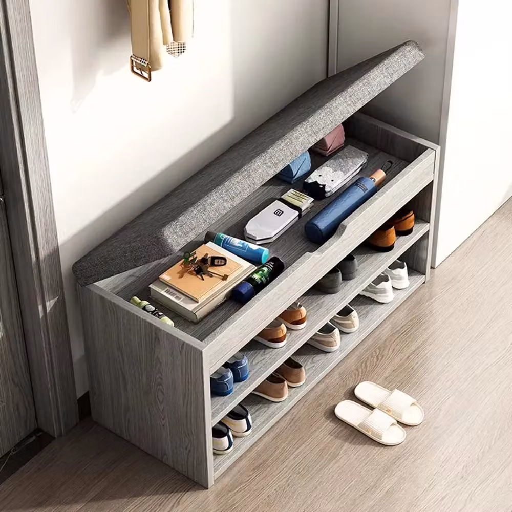 Hinsinc Grey Shoe Storage Bench with Padded Fabric Seat and Modern Wood Cabinet Organiser W/D/H: 88 x 28 x 44 cm – 4