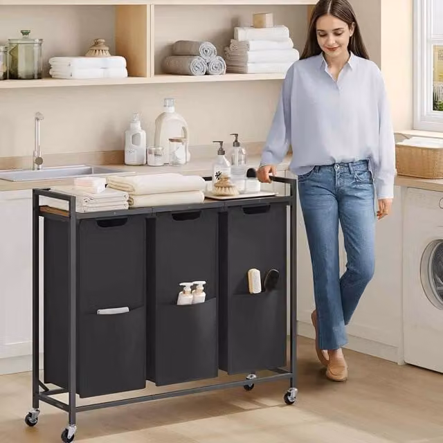 The Bazaarist 3 Bag Rolling Laundry Sorter Cart with Shelves, Black and Brown – 1