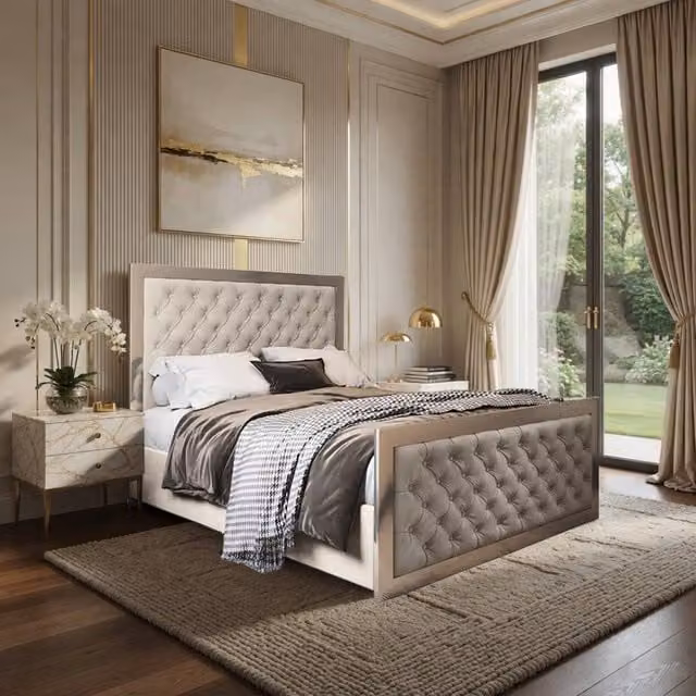 KDMD Minsmere King Size Upholstered Velvet Bed Frame with Lift Up Base in Cream and Beige – 1