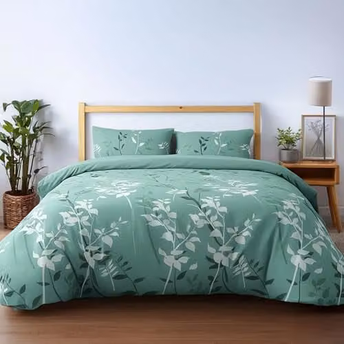 Home Sweet Home UK King Size Polycotton Duvet Cover and Pillowcase Set with Floral Leaf Design in Blue and Green, W/D/H: 240 x 220 x 180 cm – 1