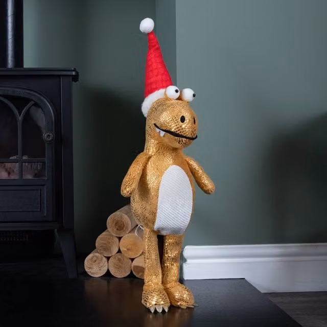 Samuel ALEXANDER Gold Plush Tyrone-Rex Dino Standing Christmas Decoration with Santa Hat, Height: 45 cm