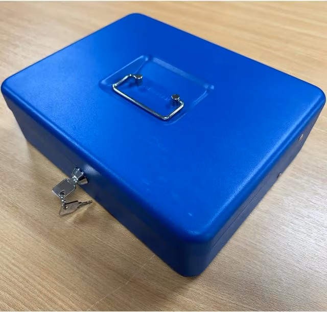 Ultimate Metal Lockable Cash Box in Blue Steel Enamel, W/D/H: 24.0 x 30.0 x 9.0 cm