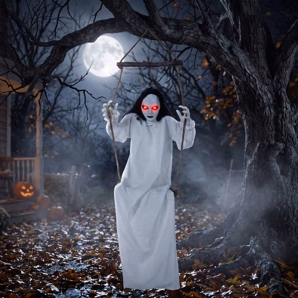HOMCOM Animated Hanging White Swing Ghost Halloween Decoration with Glowing Red Eyes, Height: 170 cm – 2