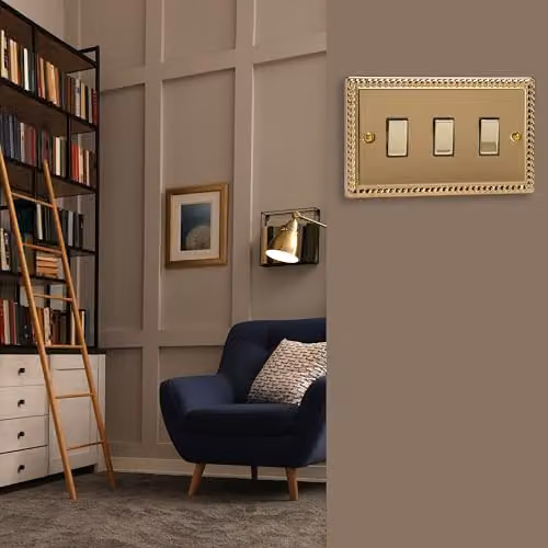 Varilight Classic Georgian Brass Two-Way Triple Light Switch Plate in Gold and Yellow – 2