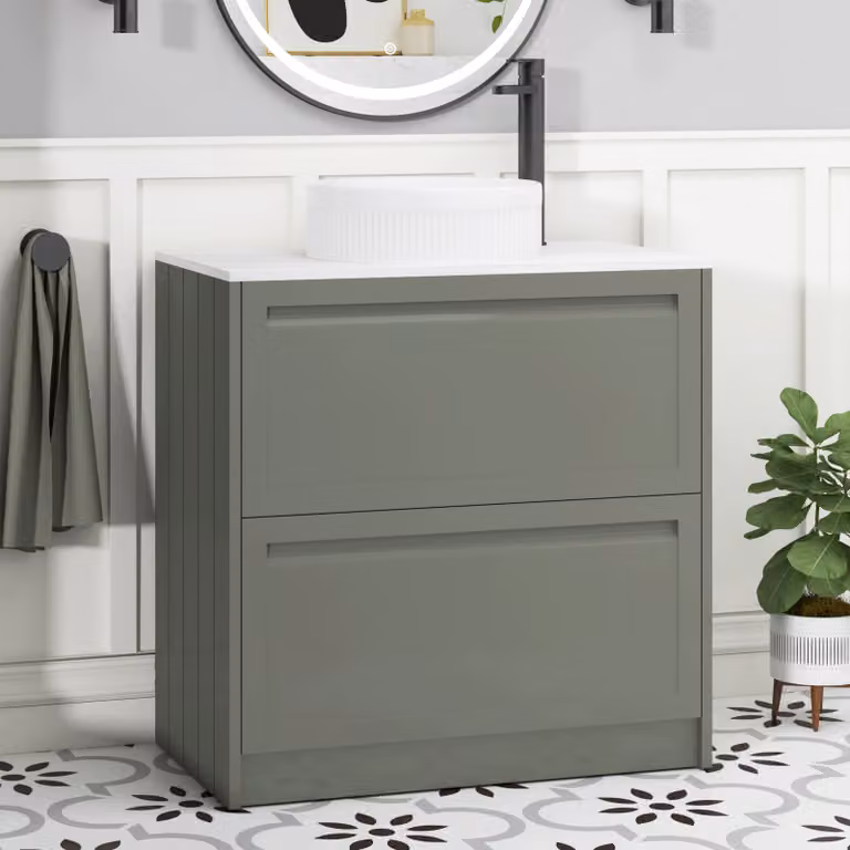 Royal Bathrooms Elmore 800mm Matt Green Floor Standing Countertop Vanity Unit with 2 Drawers and Round Basin