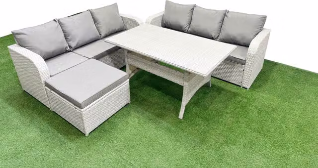 Fimous 7 Seater Wicker Rattan Garden Furniture Set with Rectangular Dining Table and Large Footstool in Grey