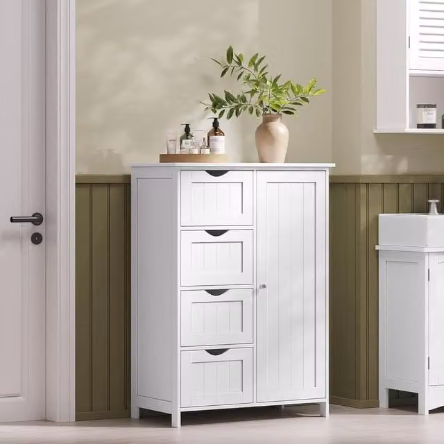 VASAGLE White Freestanding Bathroom Floor Cabinet with 4 Drawers, 1 Door and Adjustable Shelves – 1