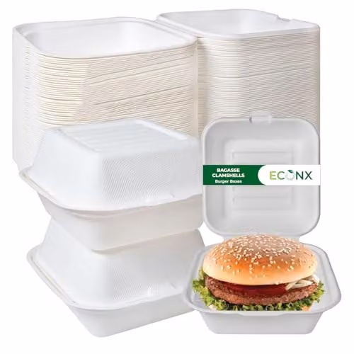 ECONX White Biodegradable Bagasse Clamshell Takeaway Burger Boxes, Pack of 50