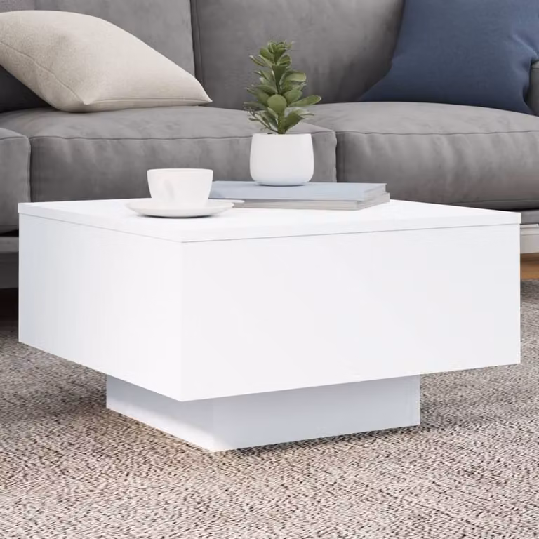 Berkfield Home Modern Square Coffee Table with LED Lights in White, W/D/H: 55 x 55 x 31 cm
