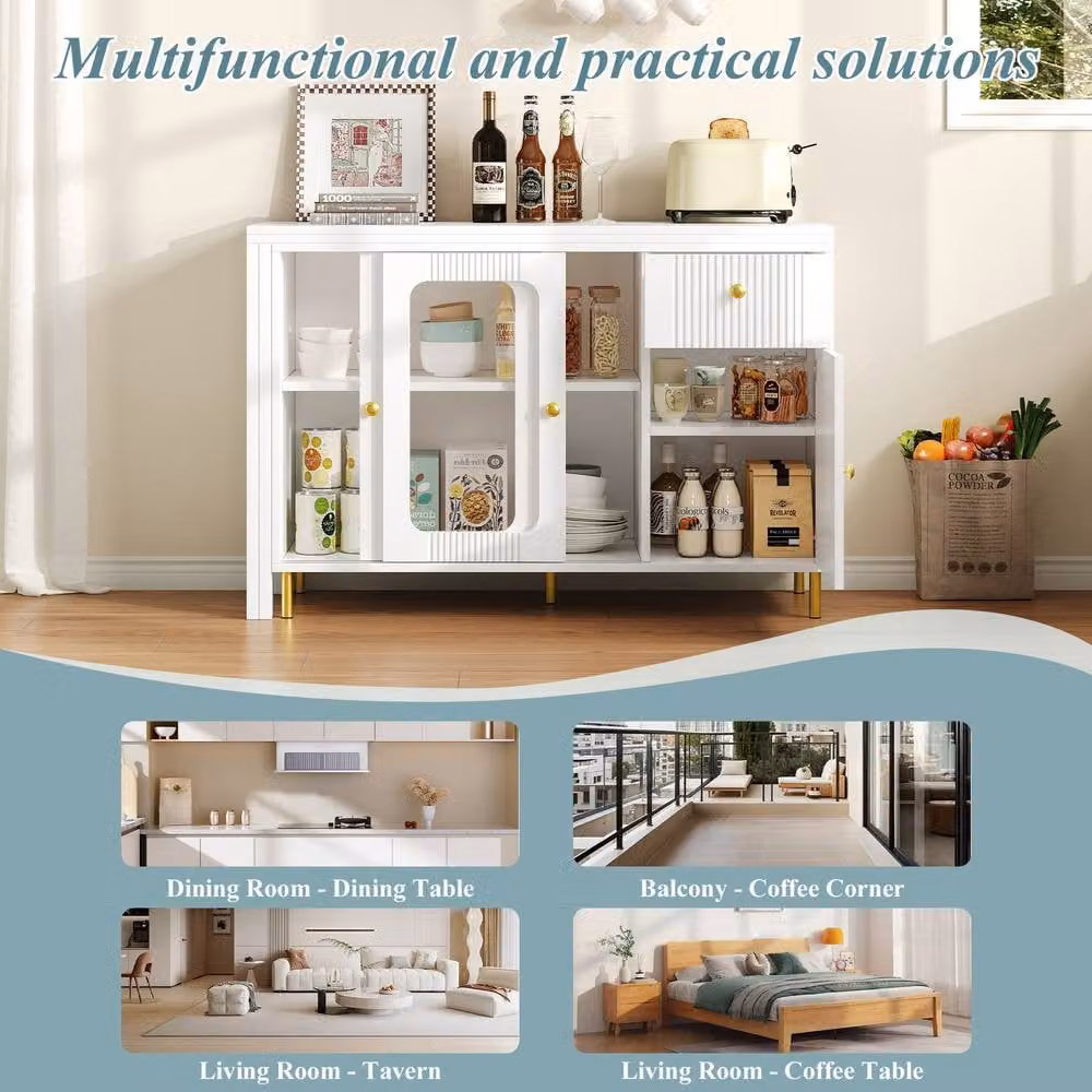BTM Modern Tall Kitchen Pantry Cabinet with Sliding Glass Doors in White, H 180 x W 104.4 x D 52 cm – 1