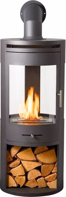 OKO S7 Bio Ethanol Panoramic Stove with Log Storage and Angled Metal Pipe in Dark Grey