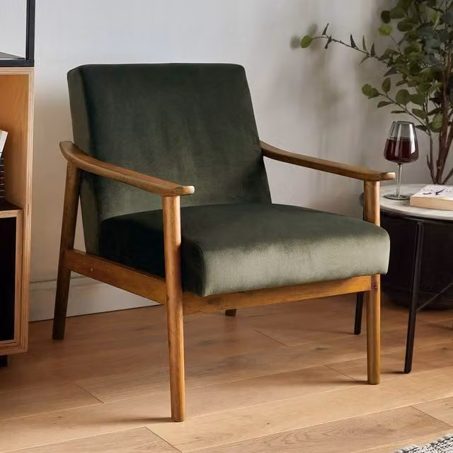 VonHaus Mid Century Green Velvet Armchair with Solid Wood Frame