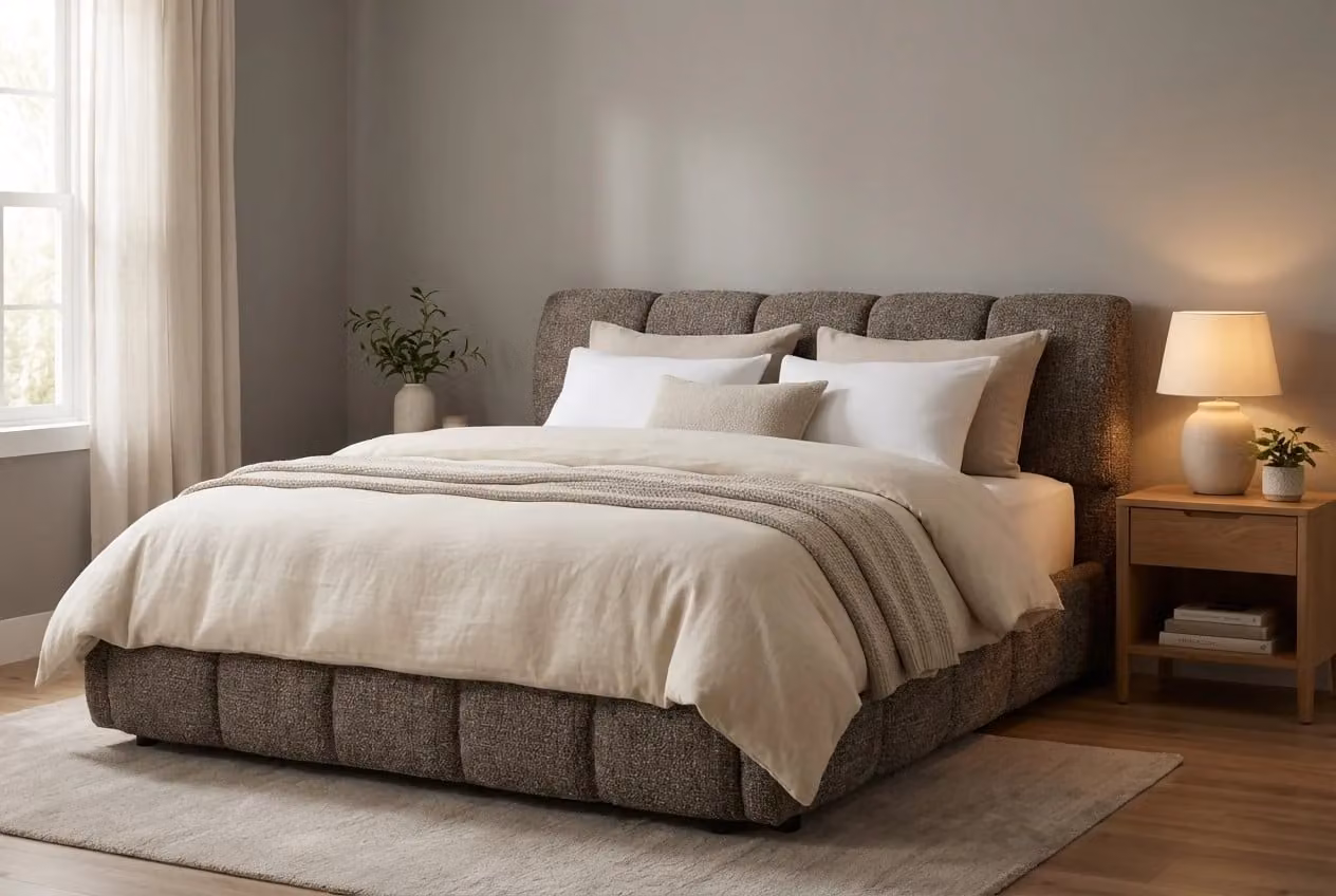 Araco Atelier Nocta Bed Pebbles Upholstered Fabric Bed in Beige or Grey